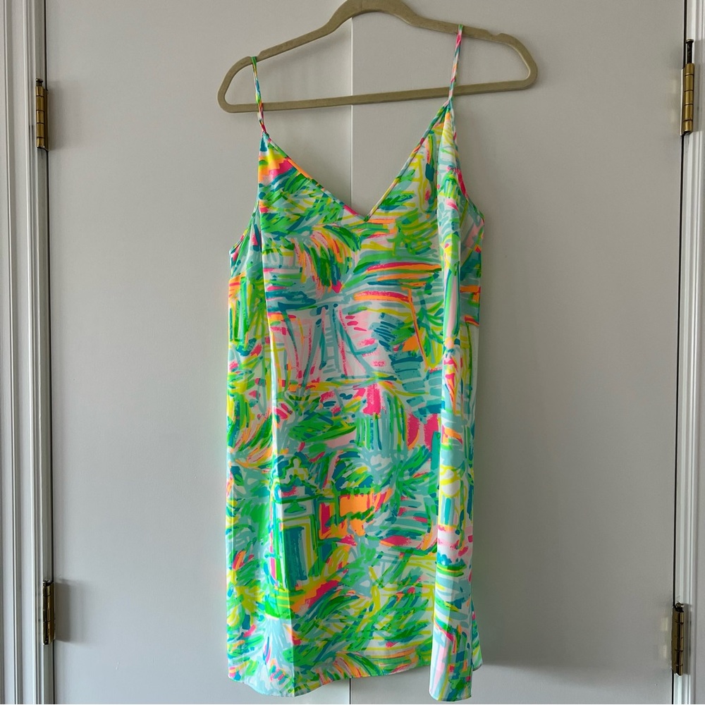 Lilly Pulitzer Lela Silk Spaghetti Strap Shift Dress in Green Sea Salt & Sun, M